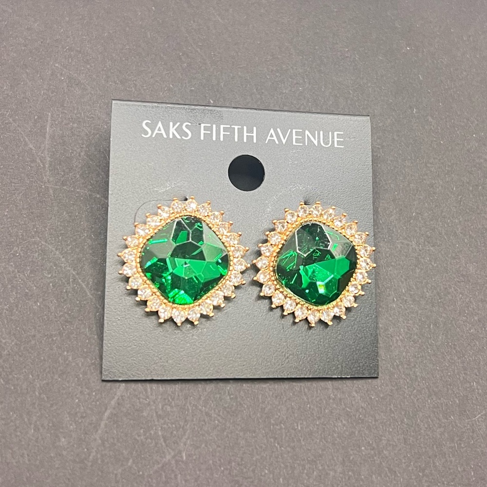 Saks Fifth Avenue Gold-Tone Emerald Green Crystal Halo Stud Earrings